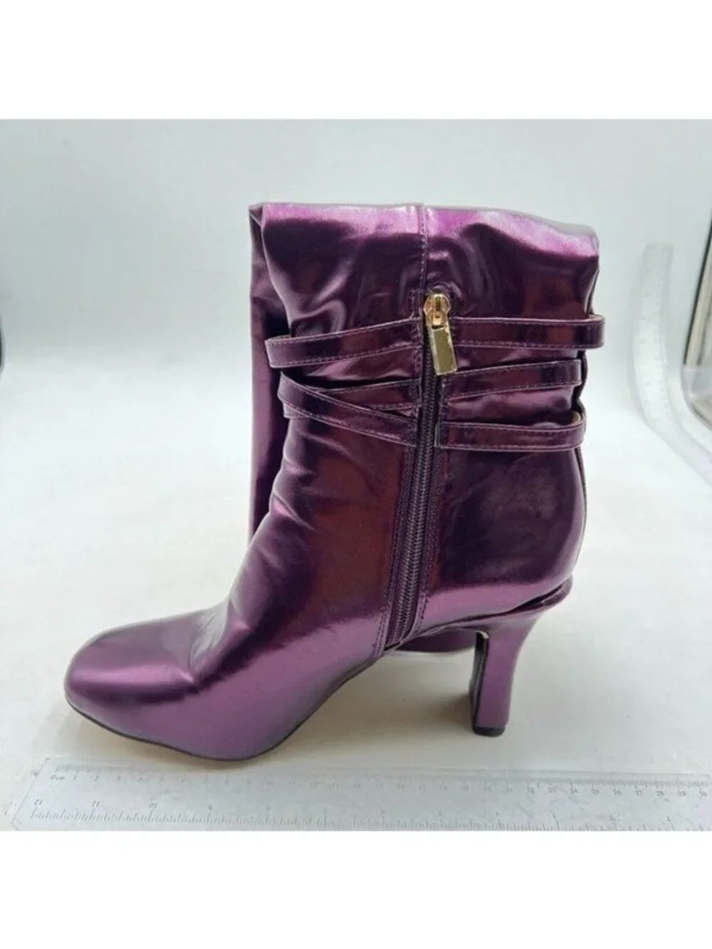 FSJ Women Fashion Knee High Long Boots Pull On Closed Toe Chunky Mid Heel Purple